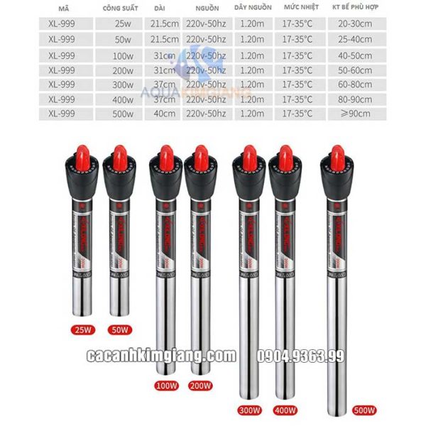 Kích thước của sưởi bể cá inox Xilong